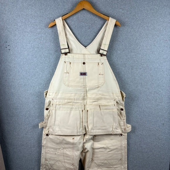Nwt Big Mac Carpenter Overalls Cream Canvas Workwear Utility Pants Size 38x32